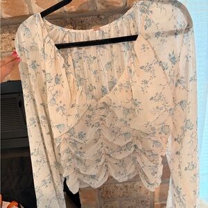 Free People  Cream and Blue Floral Blouse